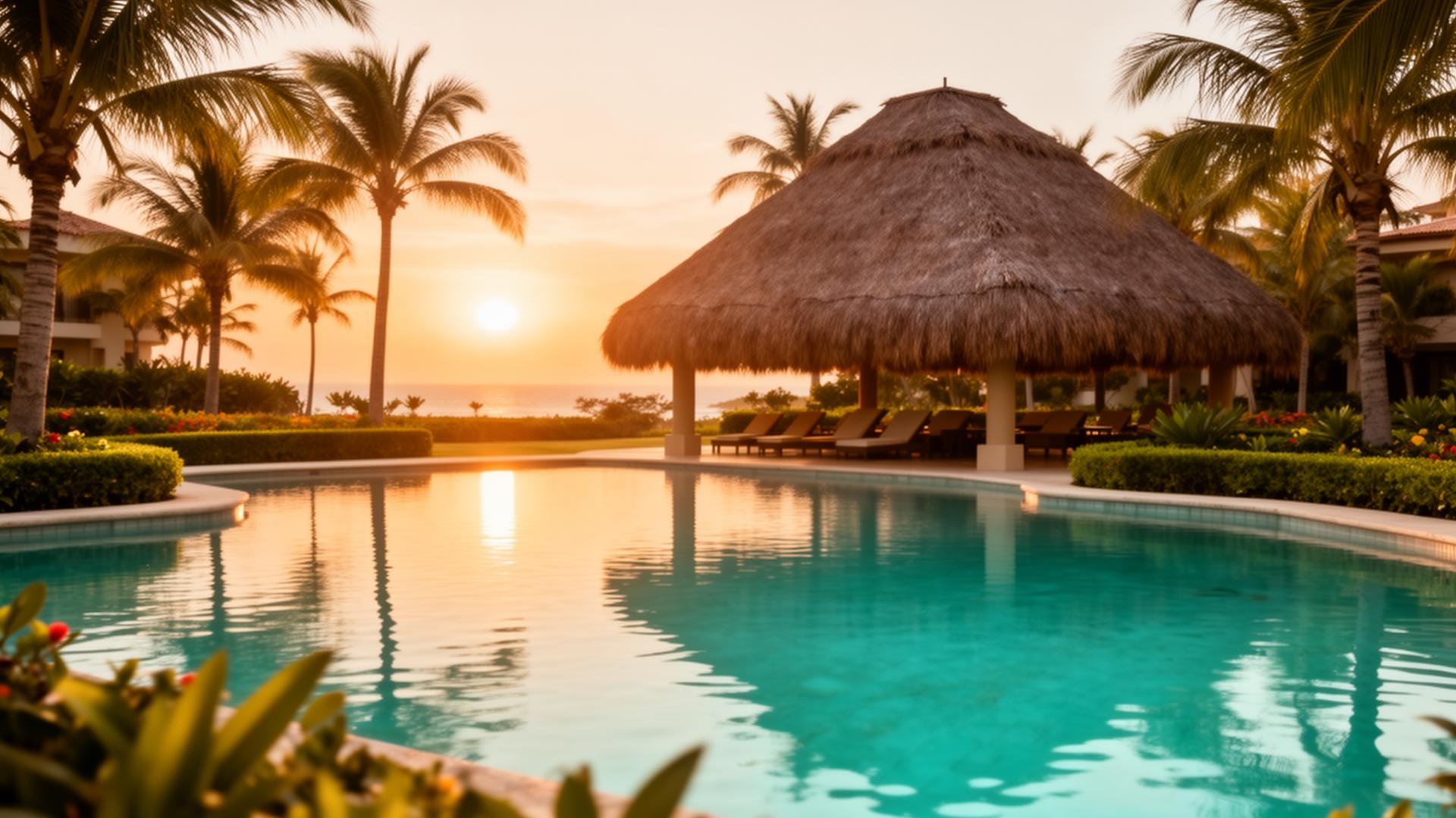 Alberca, jardines y palapa en un resort de la Riviera Nayarit al atardecer